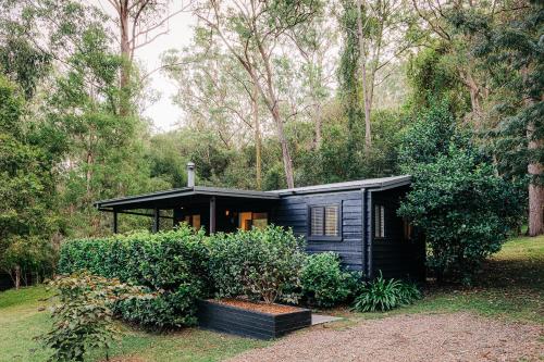 a black tiny house in the woods at Mystwood Spa Cabins in Wollombi