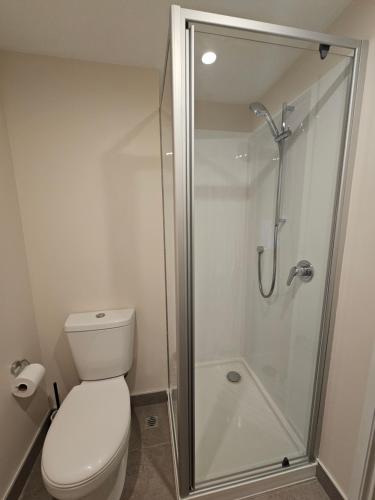 a bathroom with a toilet and a glass shower at Cityscape Retreat - Apartment with Pool and Gym in Auckland
