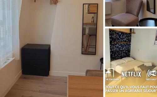 - un salon avec un canapé et un miroir dans l'établissement Charming and quiet Paris Studio, 10 min from Champs Elysees, à Paris