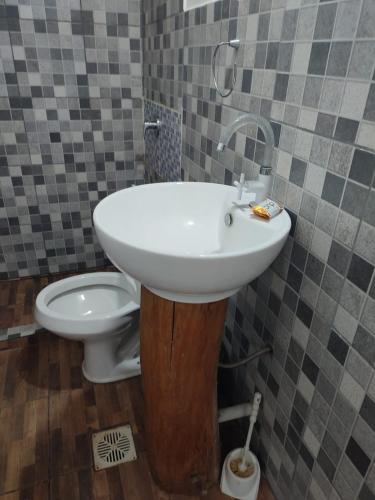 a bathroom with a sink and a toilet at Cabaña Las Catas in General Enrique Mosconi