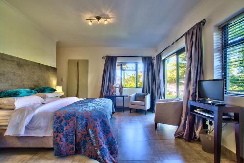 a bedroom with a bed and a desk with a television at Dreamhouse Guest House in Hout Bay