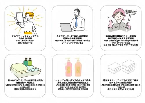 a set of pictograms of different types of disinfection procedures illustrations at H2H Dotonbori in Osaka