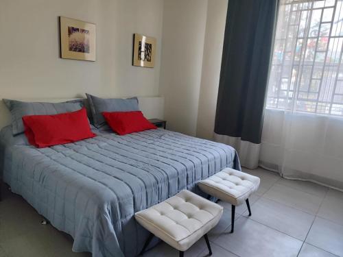 a bedroom with a bed with two red pillows and two chairs at Apartamento completo planta baja Colonia Moderna in Guadalajara