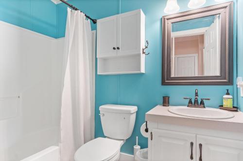 a bathroom with a toilet and a sink and a mirror at Tejas Hills of Pipe Creek in Pipe Creek