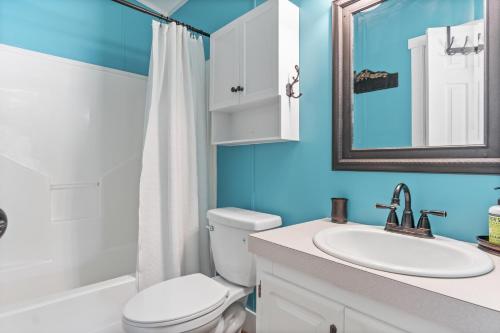 a bathroom with a toilet and a sink and a mirror at Tejas Hills of Pipe Creek in Pipe Creek