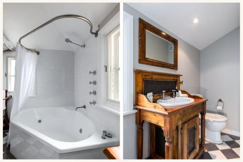 two pictures of a bathroom with a tub and a sink at Cottage 2 Hyams Beach Seaside Cottages in Hyams Beach