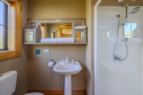 a bathroom with a sink and a shower at Minaret Cabin - 3 bedroom home in Wanaka