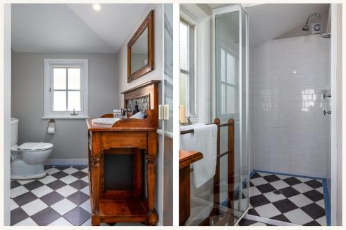 two pictures of a bathroom with a sink and a toilet at Cottage 5 Hyams Beach Seaside Cottages in Hyams Beach
