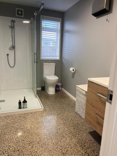 a bathroom with a shower and a toilet and a sink at Sea Mist in Ohope Beach