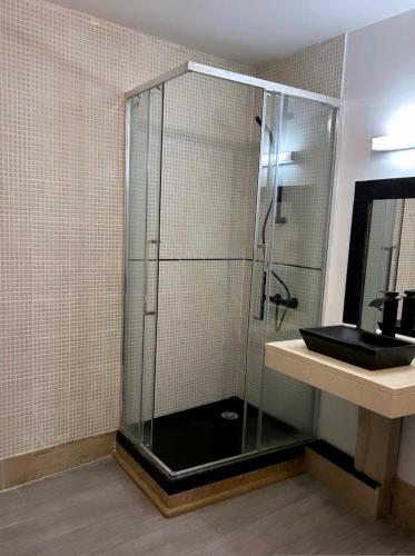 une douche en verre dans une salle de bain avec un lavabo dans l'établissement Le P'ti Mignat - Maison entière 2 chambres double - max 4 pers, à Suèvres