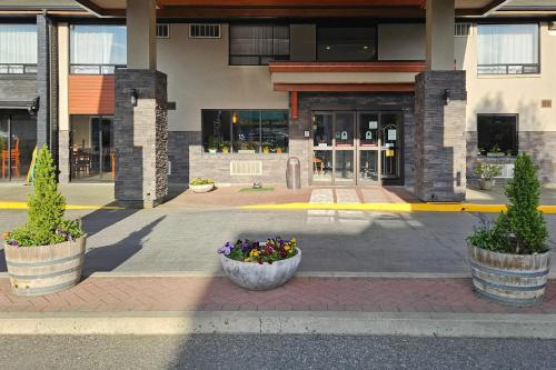 a building with two large pots of flowers in front of it at Comfort Inn in Chilliwack