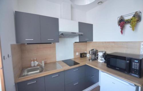 une cuisine avec un évier et un micro-ondes dans l'établissement Appartement Indépendant Chagny, à Chagny