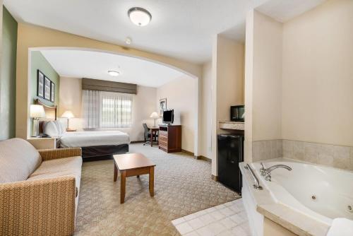 a hotel room with a king bed and a tub at Sleep Inn & Suites in Gettysburg