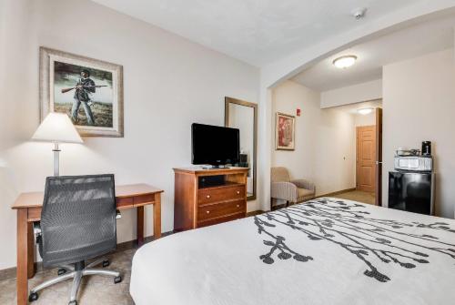a hotel room with a bed and a desk and a television at Sleep Inn & Suites in Gettysburg