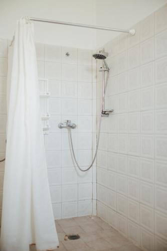 a shower with a shower curtain in a bathroom at Finikas Apartments in Plakias