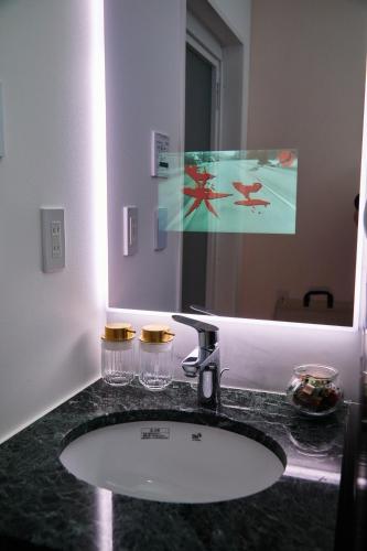 a bathroom with a sink and a large mirror at IoTele南青山 in Tokyo