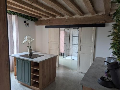 - une cuisine avec un îlot et un évier dans l'établissement Grand appartement centre ville, à Bellême