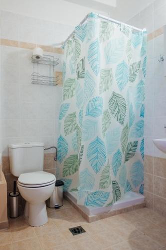 a bathroom with a toilet and a shower curtain at Finikas Apartments in Plakias