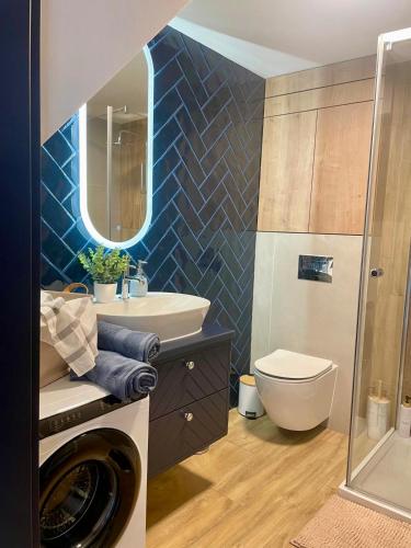 a bathroom with a sink and a toilet and a mirror at NICE Apartament Głogów in Głogów