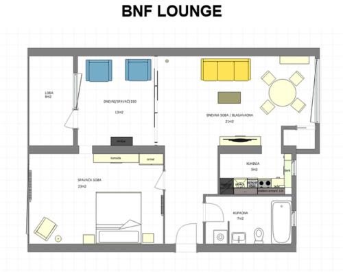 a floor plan of a small house with a blueprint at BNF Lounge in Varaždin