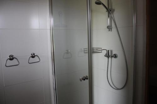 ducha con puerta de cristal y cabezal de ducha en Gîte Donjon, en Fours