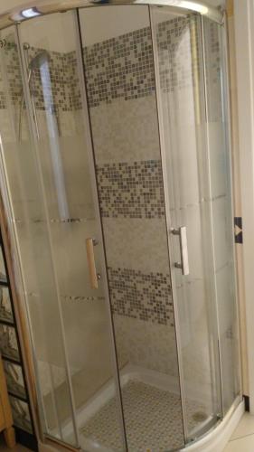 a shower with glass doors in a bathroom at B&b Sa Zodia Guest House in Bitti