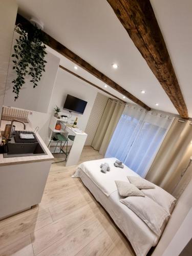 - une chambre avec un lit, un lavabo et un bureau dans l'établissement Suite cosy indépendante Evasion env Colmar, à Wintzenheim