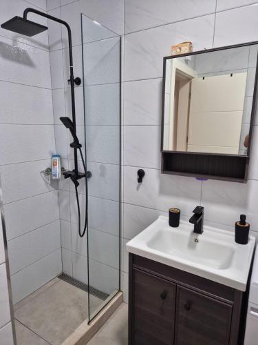 a bathroom with a shower with a sink and a mirror at Apartments 402 in Bar