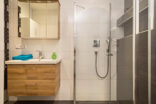a bathroom with a shower and a sink at Ferienwohnung Lang in Kressbronn am Bodensee