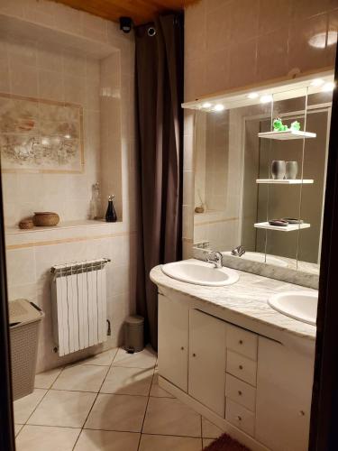 une salle de bain avec un lavabo et un miroir dans l'établissement Family home with pool, à Saint-Lon-les-Mines