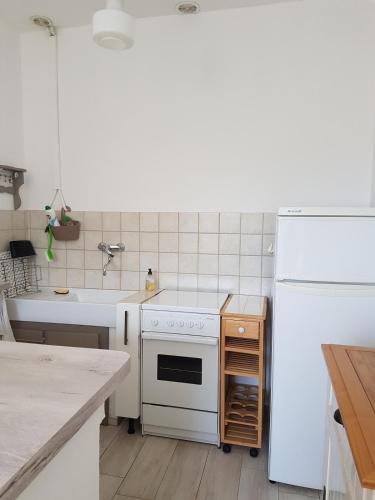 Il comprend une cuisine équipée d'appareils électroménagers blancs et d'un réfrigérateur blanc. dans l'établissement Appartement 1 à Regino Speloncato pour 3 personnes, à Speloncato