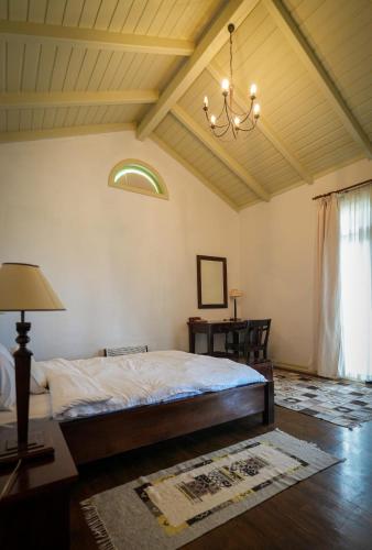 a bedroom with a bed and a chandelier at Delta Nature Resort in Tulcea