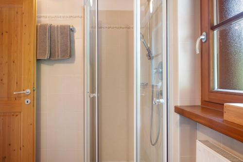 a shower in a bathroom with a glass shower stall at Prackfolerhof in Fie allo Sciliar