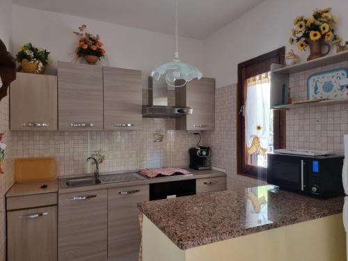 a kitchen with wooden cabinets and a counter top at Residenze Lu Rinaggiu in Agrustos