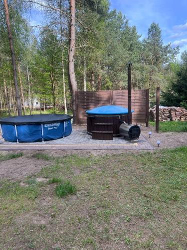 a ping pong table in a yard next to at Domek w Borach Tucholskich z balia ogrodowa in Zamrzenica