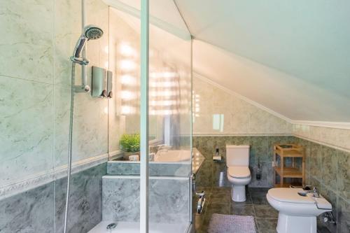 a bathroom with a shower and a toilet and a sink at La Centinela en Costa Quebrada in Miengo