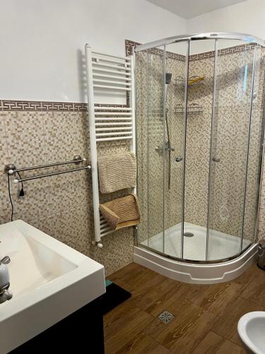 a bathroom with a shower and a sink at La Nuti in Sinaia
