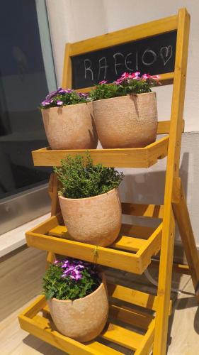 a wooden shelf with pots of flowers on it at Rafeio Roustic Maisonette in Episkopi (Heraklion)
