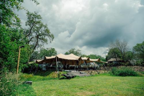 a group of tents in a field with a sky at LUDIEK eten en slapen in Havelte