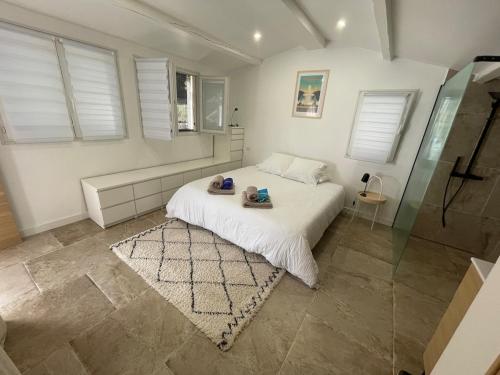 a white bedroom with a bed and a shower at Maisonnette Aix en Provence in Aix-en-Provence