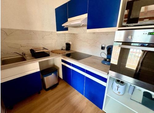una piccola cucina con armadi blu e lavandino di Appartement LE BOULOU 2 chambres a Le Boulou