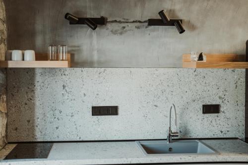 a kitchen with a sink and a concrete wall at Ktima Papadopoulou in Krionérion
