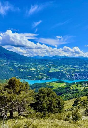 a view of a lake from a hill with trees at Le petit perchoir du lac in Embrun