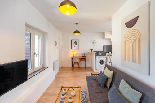 un salon avec un canapé et une télévision dans l'établissement Le Cosy de la Craffe - Proche Porte Désilles, à Nancy