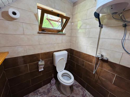 a bathroom with a toilet and a window at Guesthouse Lola in Valbonë