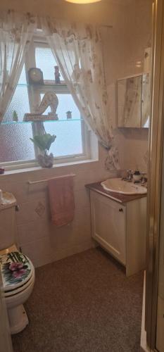 a bathroom with a toilet and a sink and a window at Sandy Retreat in Worle