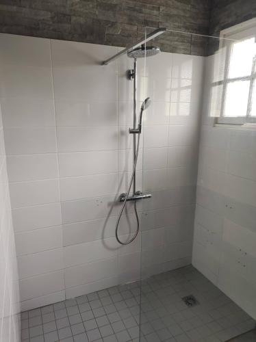 une salle de bain avec une douche avec une porte vitrée dans l'établissement La néo-bretonne forestière, à Camors