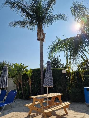 a picnic table and two chairs and a palm tree at Genista house Peyia in Peyia