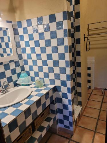 La salle de bains est pourvue d'un lavabo et d'un mur carrelé bleu et blanc. dans l'établissement Appartement familial à Arles avec jardin et piscine, à Arles