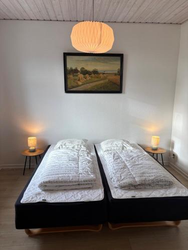 two twin beds in a room with two lamps at Djursland Lystrup Strand Ferieboliger in Allingåbro